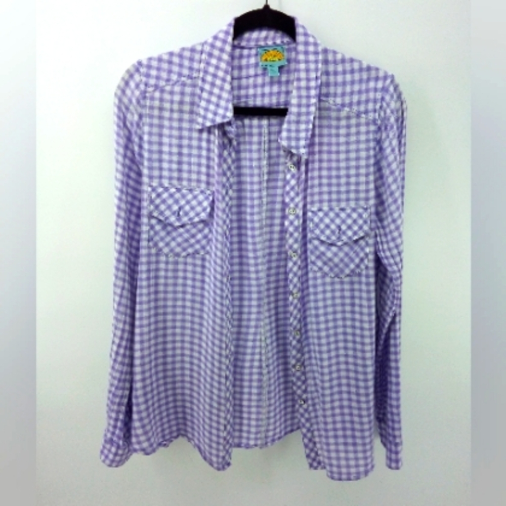 C&C California Purple Check Grid Casual Button Down Top Lightweight M